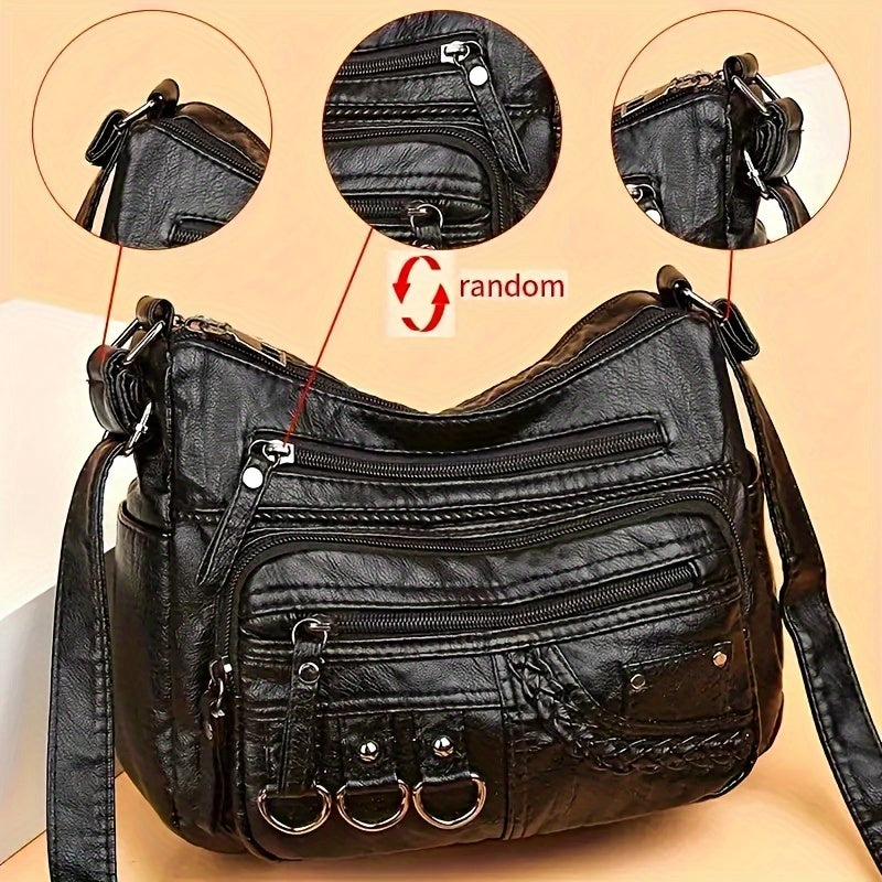 Black Crossbody Bag for Women with Zippers and Polyester Lining