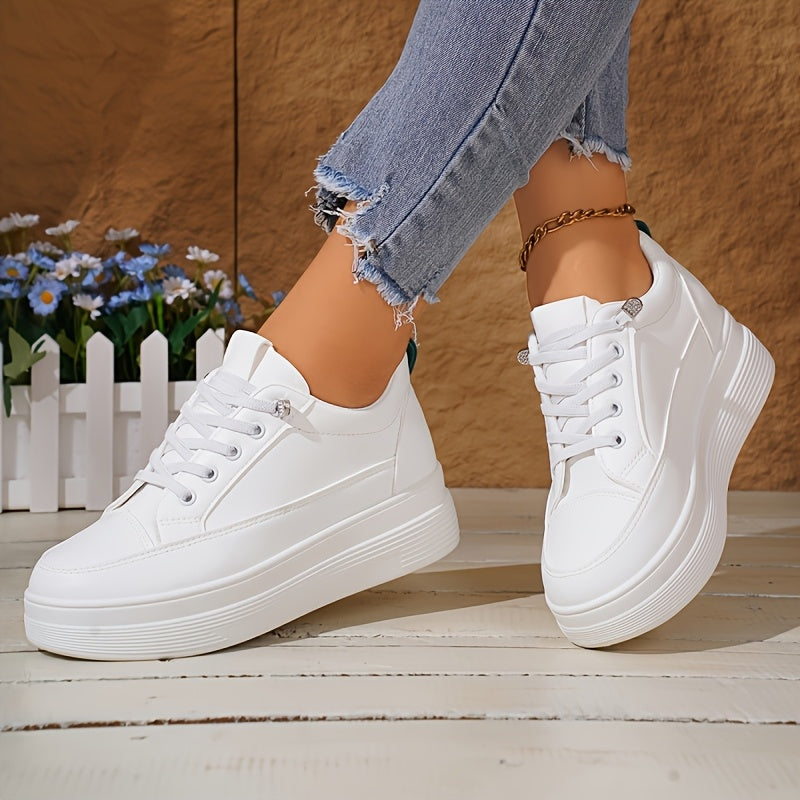Women's White Sneakers with Inner Height Increase Casual Low-Top Lace-Up Shoes