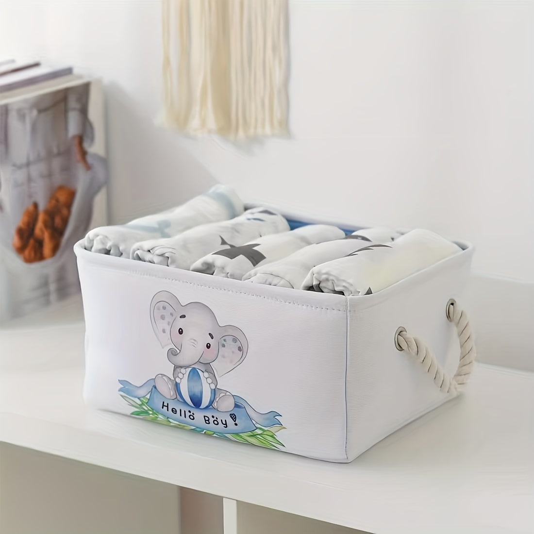 Fabric Storage Basket with Lid Collapsible Stackable Nursery Wardrobe Organizer Blue