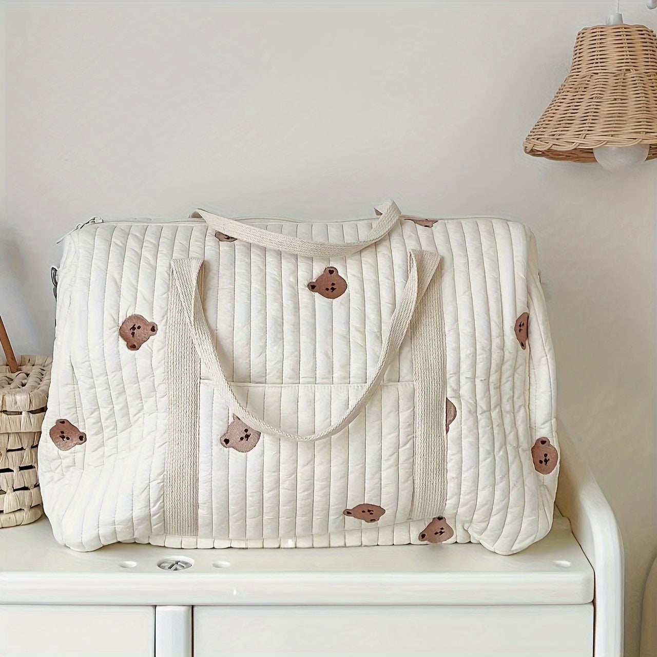 Bolso de pañal acolchado para mamás con bordado de oso, ligero de poliéster, con múltiples compartimentos