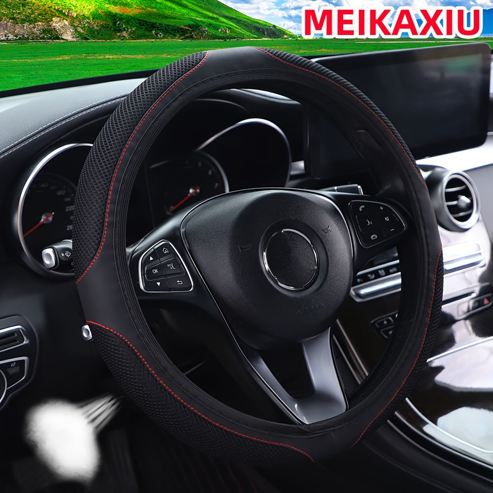 Universal Leather Steering Wheel Cover Breathable 3D Mesh Red Black 36-38cm