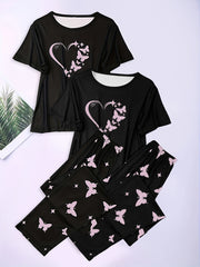 Women Cotton Floral Pajama Set Short Sleeve Long Pants Homewear