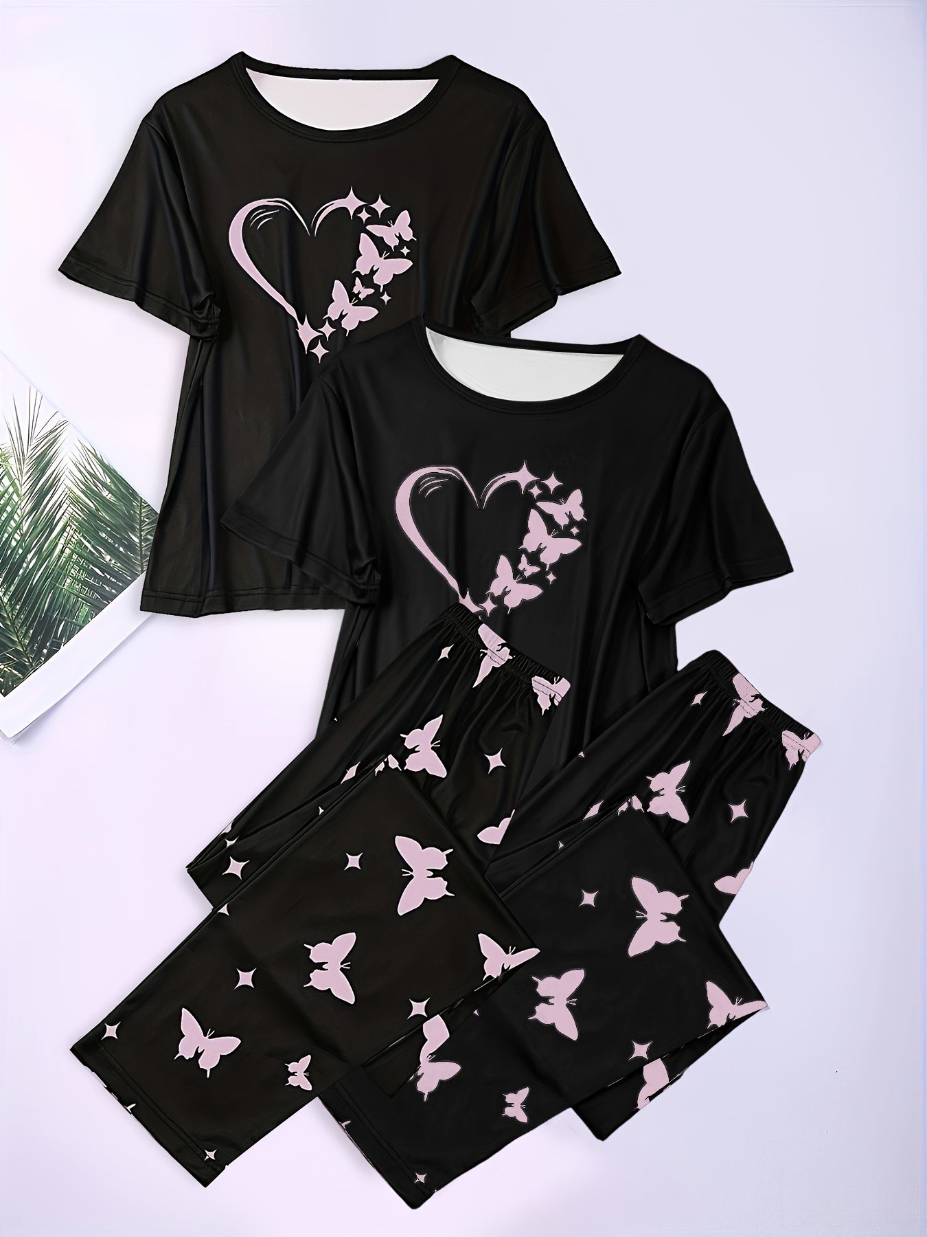 Women Cotton Floral Pajama Set Short Sleeve Long Pants Homewear