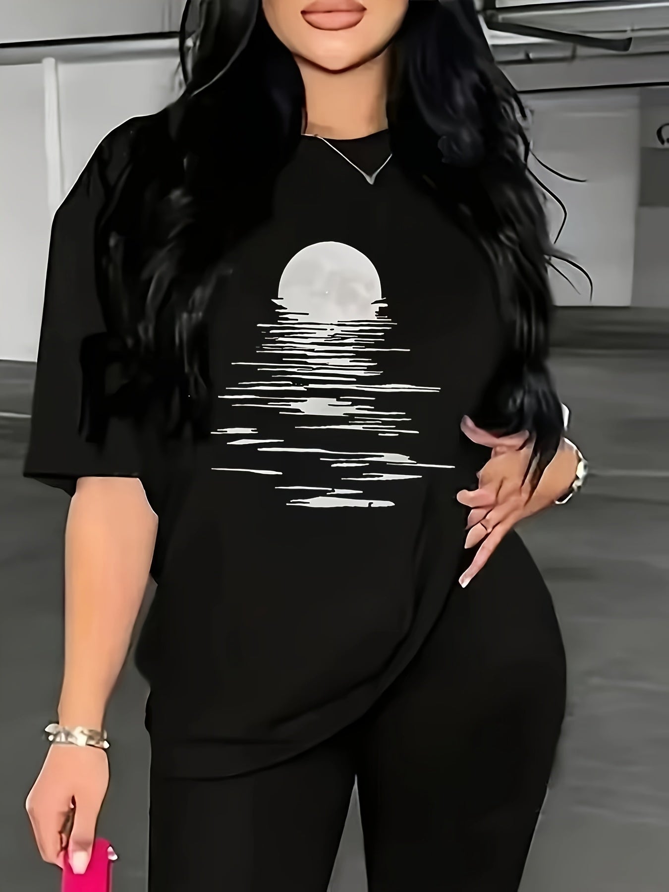 Plus Size Women's Geometric Moon Water Ripples Print T-Shirt Stretchy Short Sleeve