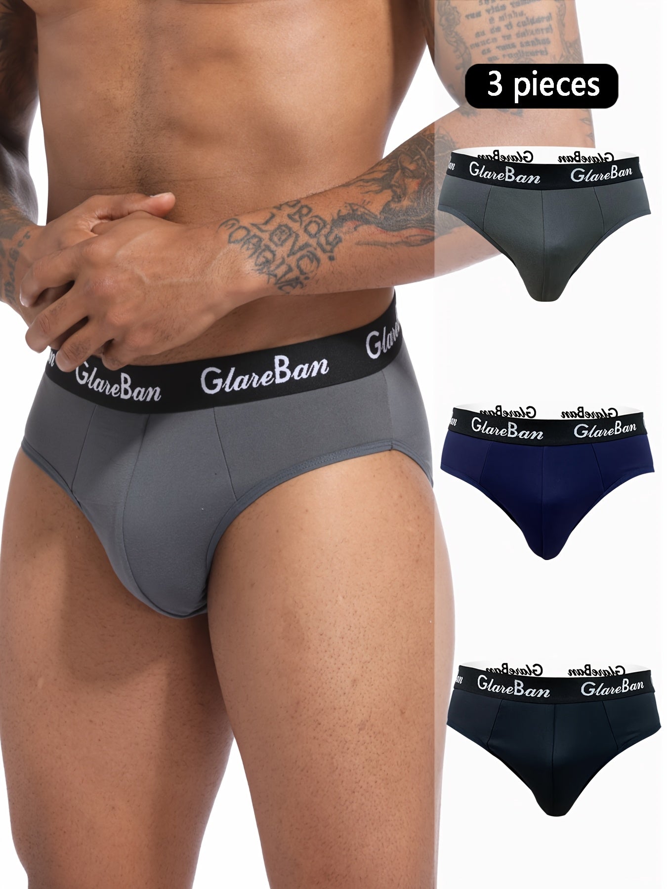 Men's Briefs 3 Pack Polyester Blend Breathable Support Dark Gray Navy Black