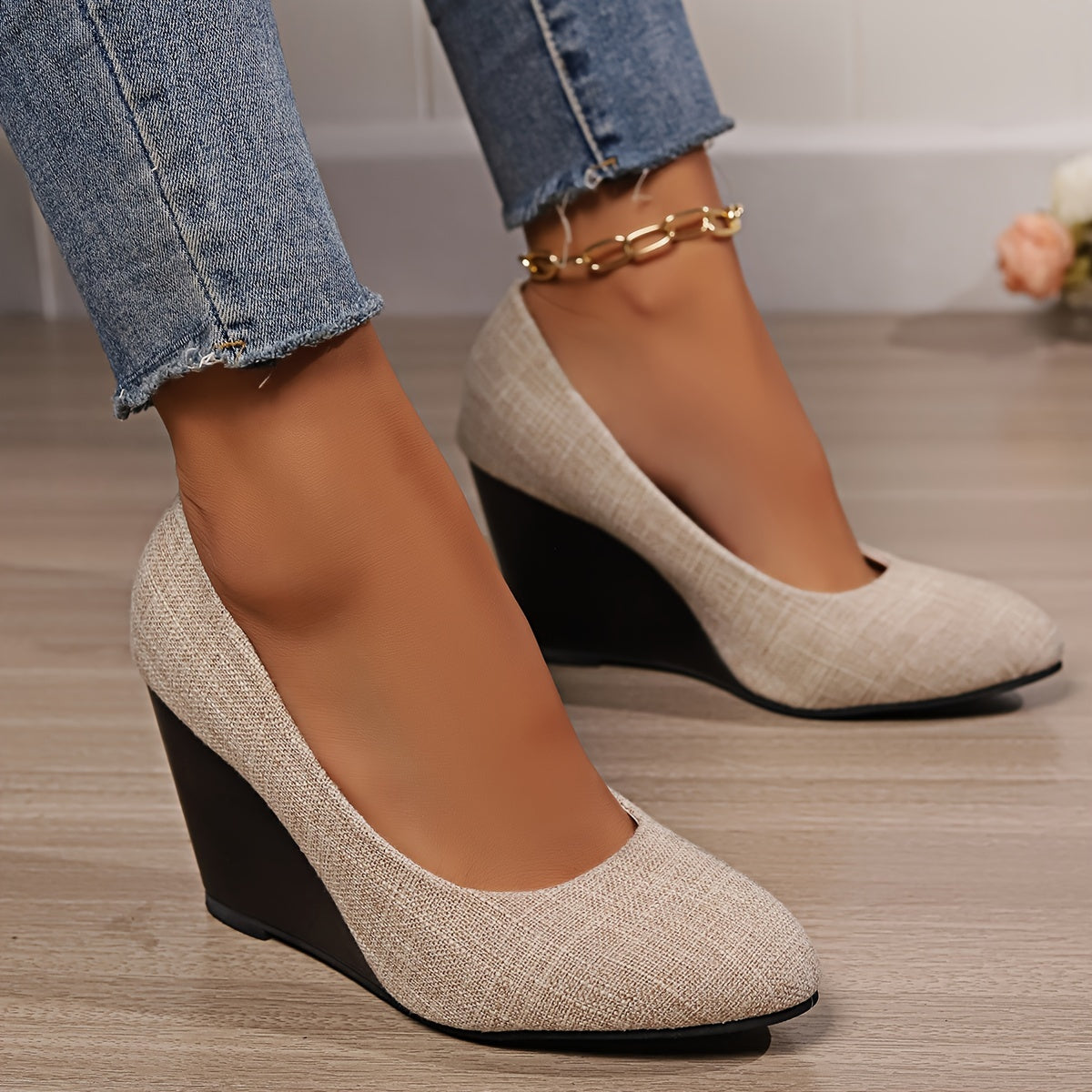 Women Black Wedge Heels Slip-On Comfortable Party Casual Striped Fabric