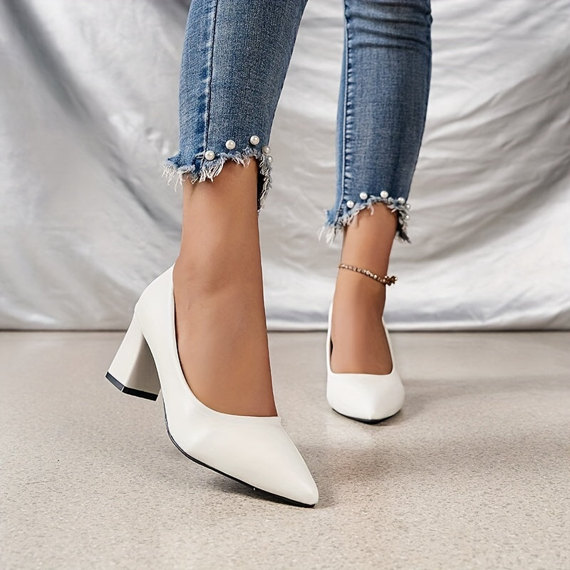 Women's Solid Color Pointed Toe Dress Pumps with Block Heel for Fall