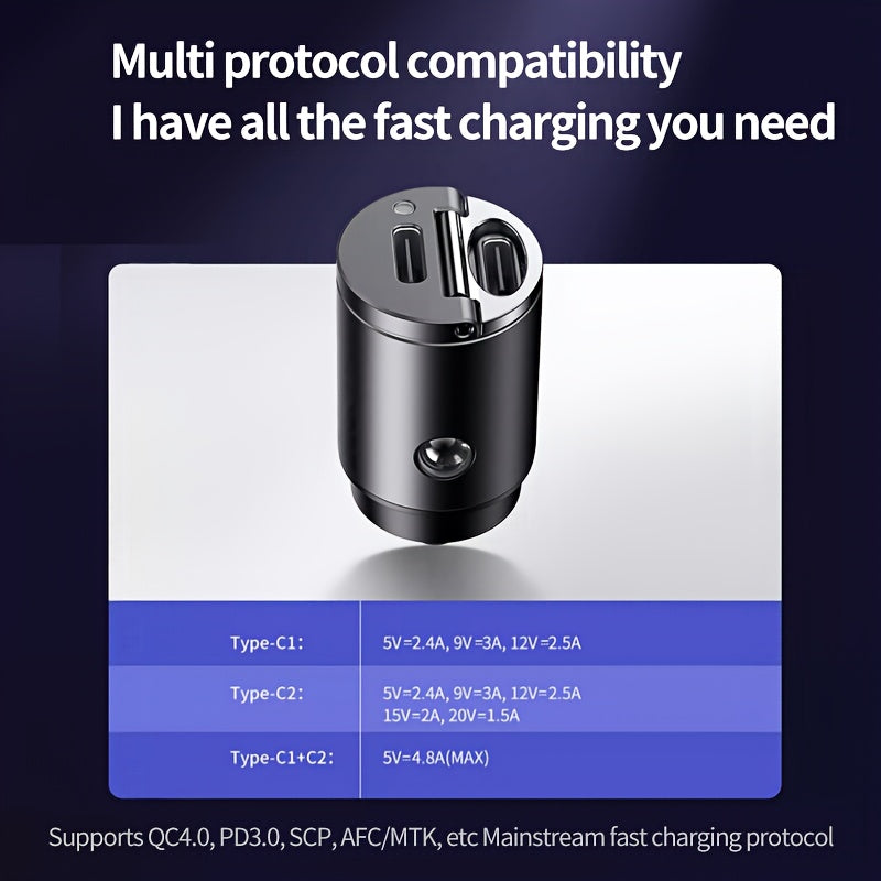 Mini tez zaryadlash avtomobil zaryadkasi, ikki portli Type C PD3.0, portativ mat