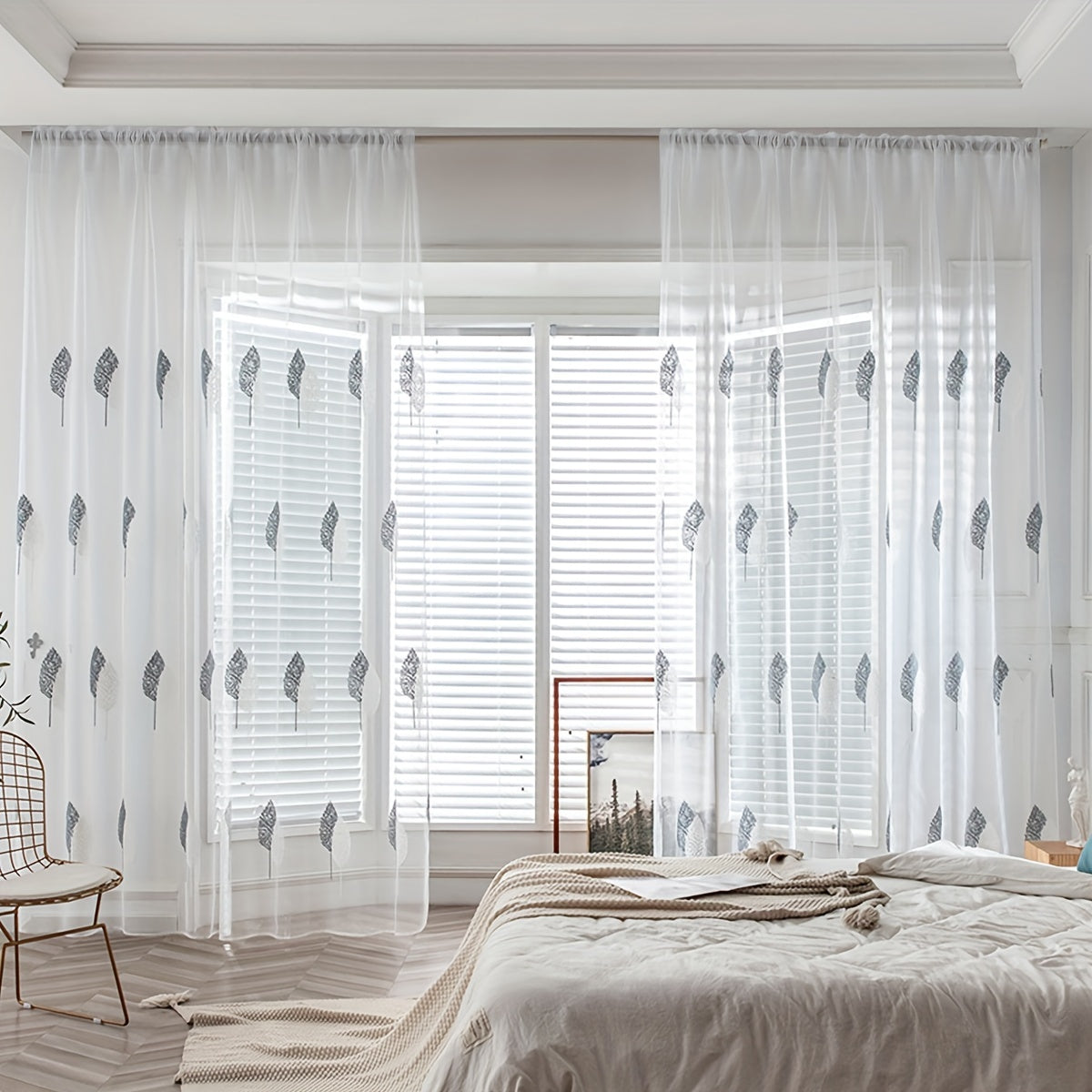 Elegant Tulle Curtain with Leaf Embroidery Translucent Rod Pocket for Living Room Bedroom