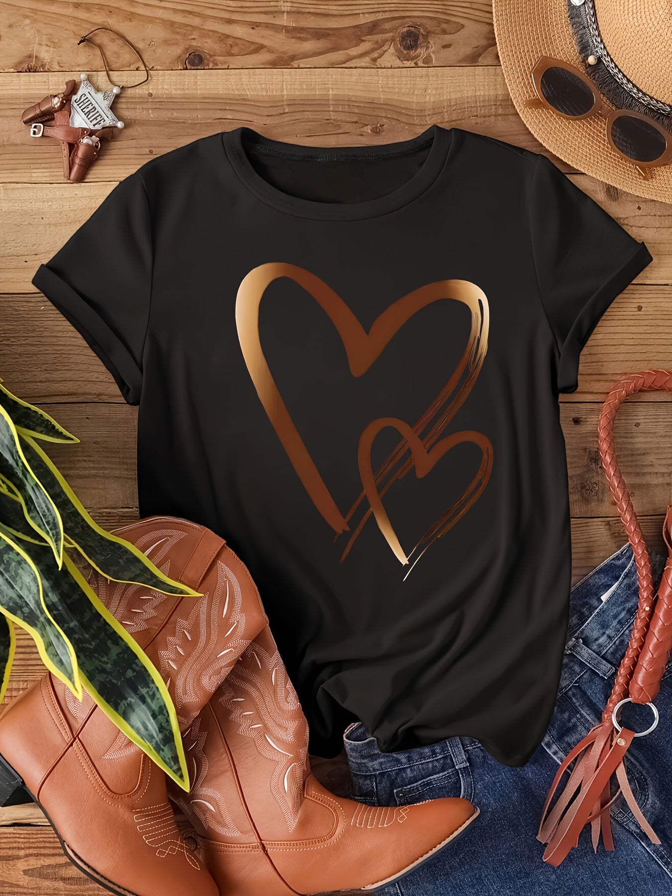 Men's Black Polyester Sports T-Shirt with Heart Applique and Crew Neck