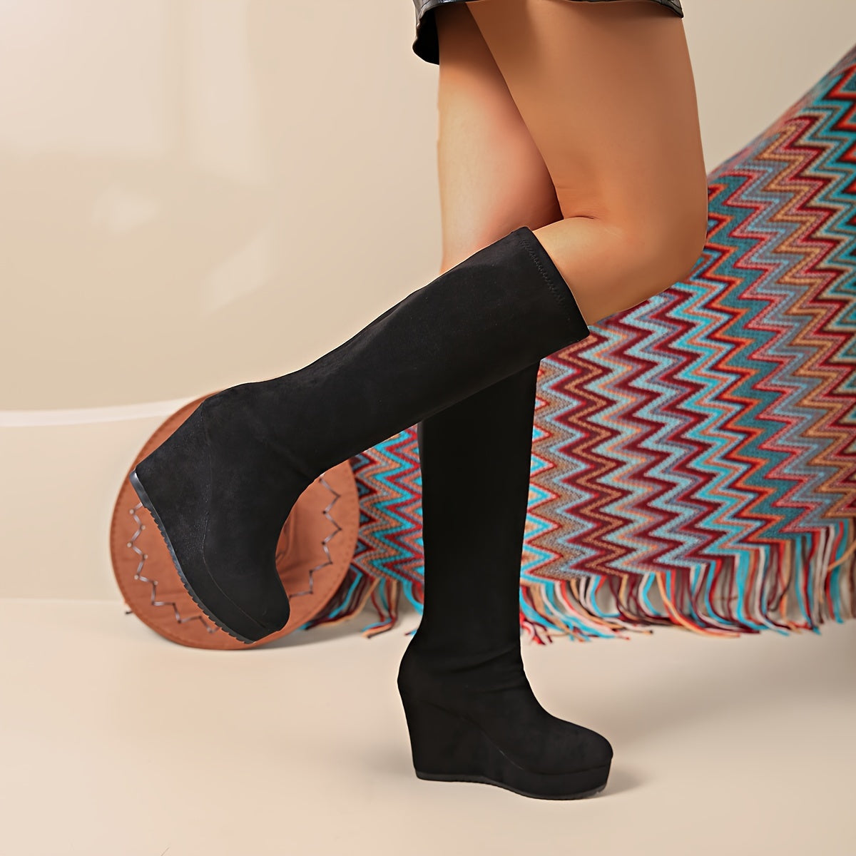 Women's Knee-High Platform Heel Boots Rubber Sole Fabric Lining