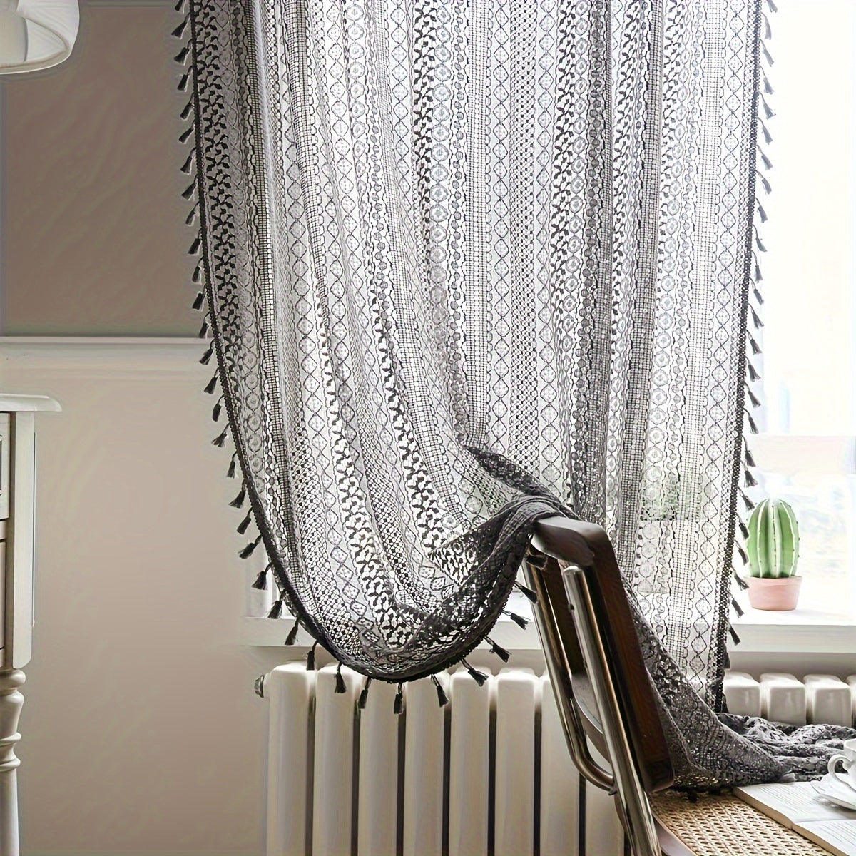 Cortinas de estilo bohemio Pop Hollow Beige con borlas, juego de cortinas translúcidas para sala de estar y dormitorio