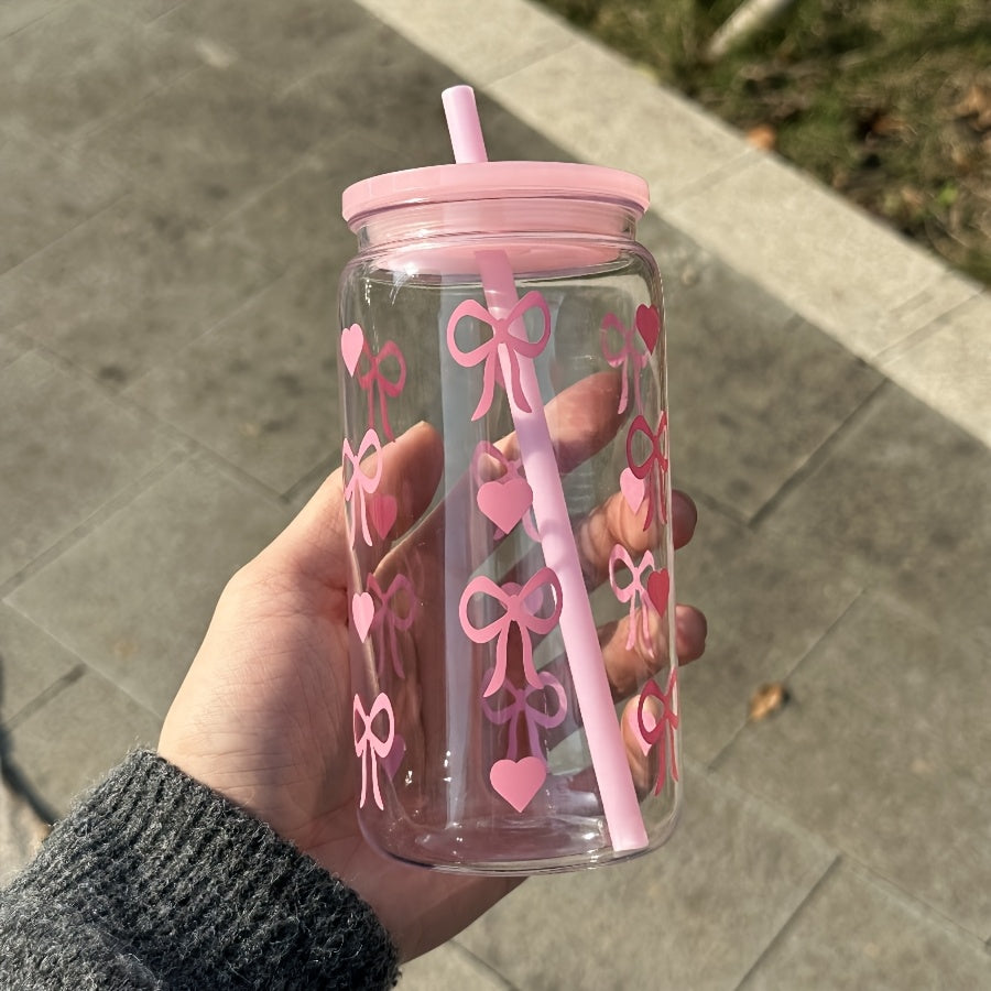 16oz Pink Bowknot Travel Mug with Straw and Lid BPA-Free Plastic