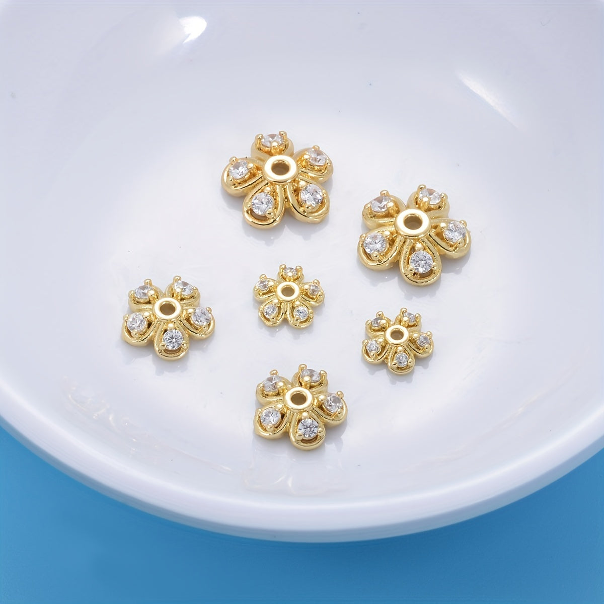 Brass Flower Bead Caps Set of 20 with Synthetic Cubic Zircons 6mm 8mm 10mm