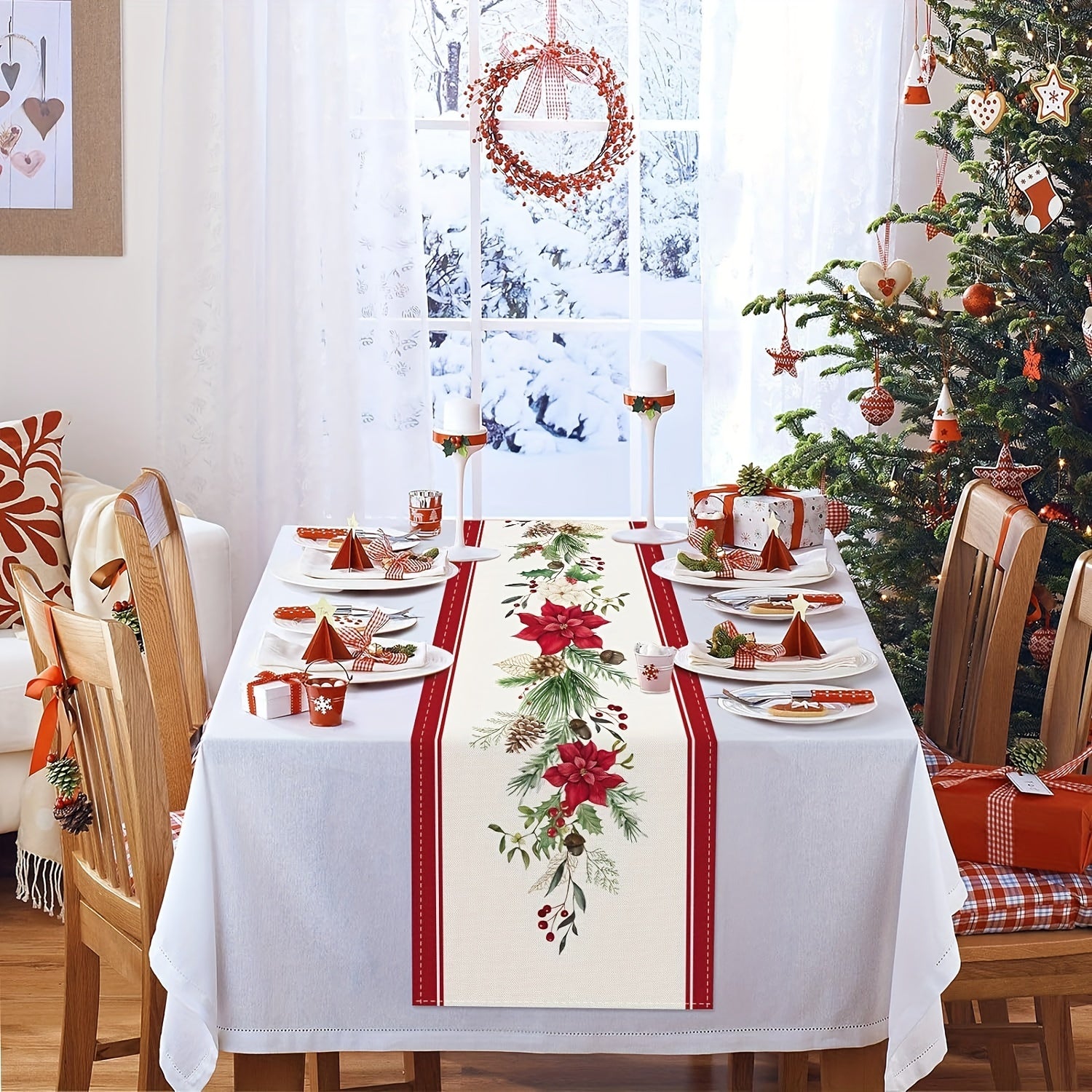 Christmas Table Runner with Red Poinsettia and Pine Branches for Indoor or Outdoor Use