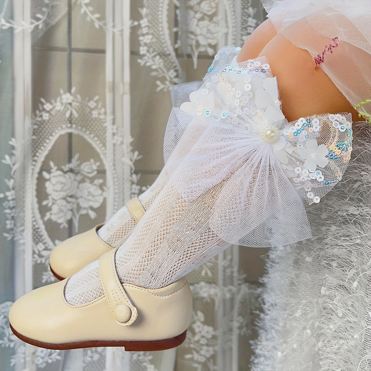 Girls' Mesh Socks with Flower Sequin Pearl Bow Solid Color All-Season