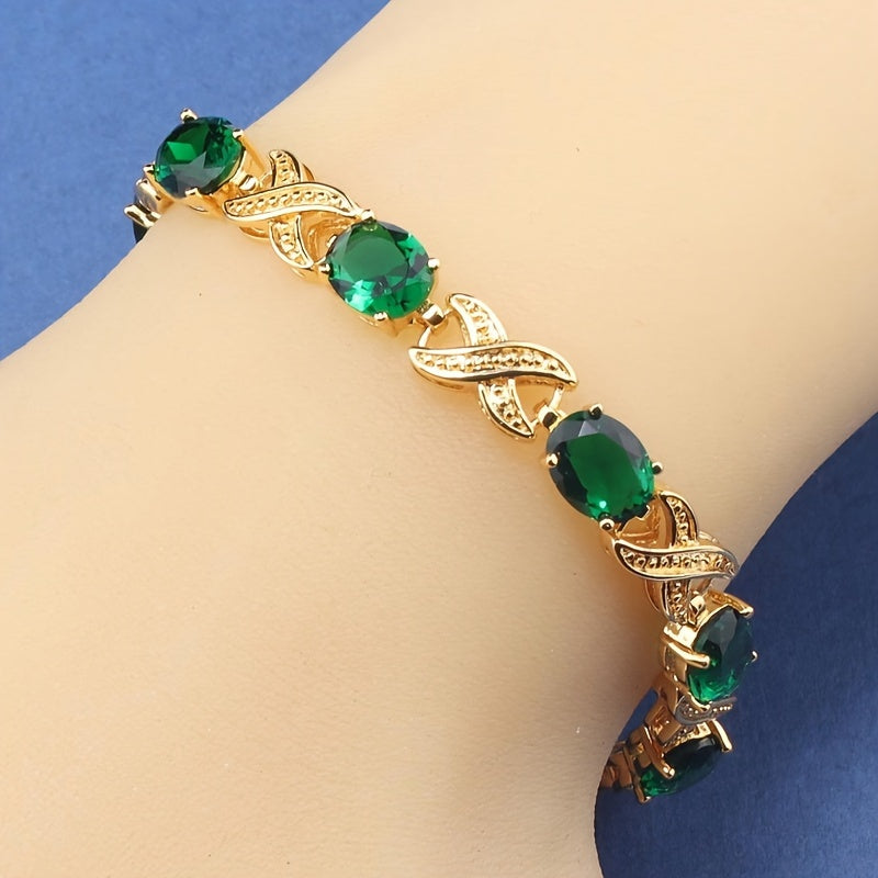 Klassik tennis bilaguzuk, 18K oltin qoplamada rang-barang sintetik kubik zirkonlar bilan, nafis mis zanjir bilan. Ushbu ayollar uchun moda zargarlik buyumi, mukammal 14-fevral yoki bayram sovg'asi bo'ladi. Uslub: Oddiy va abadiy.