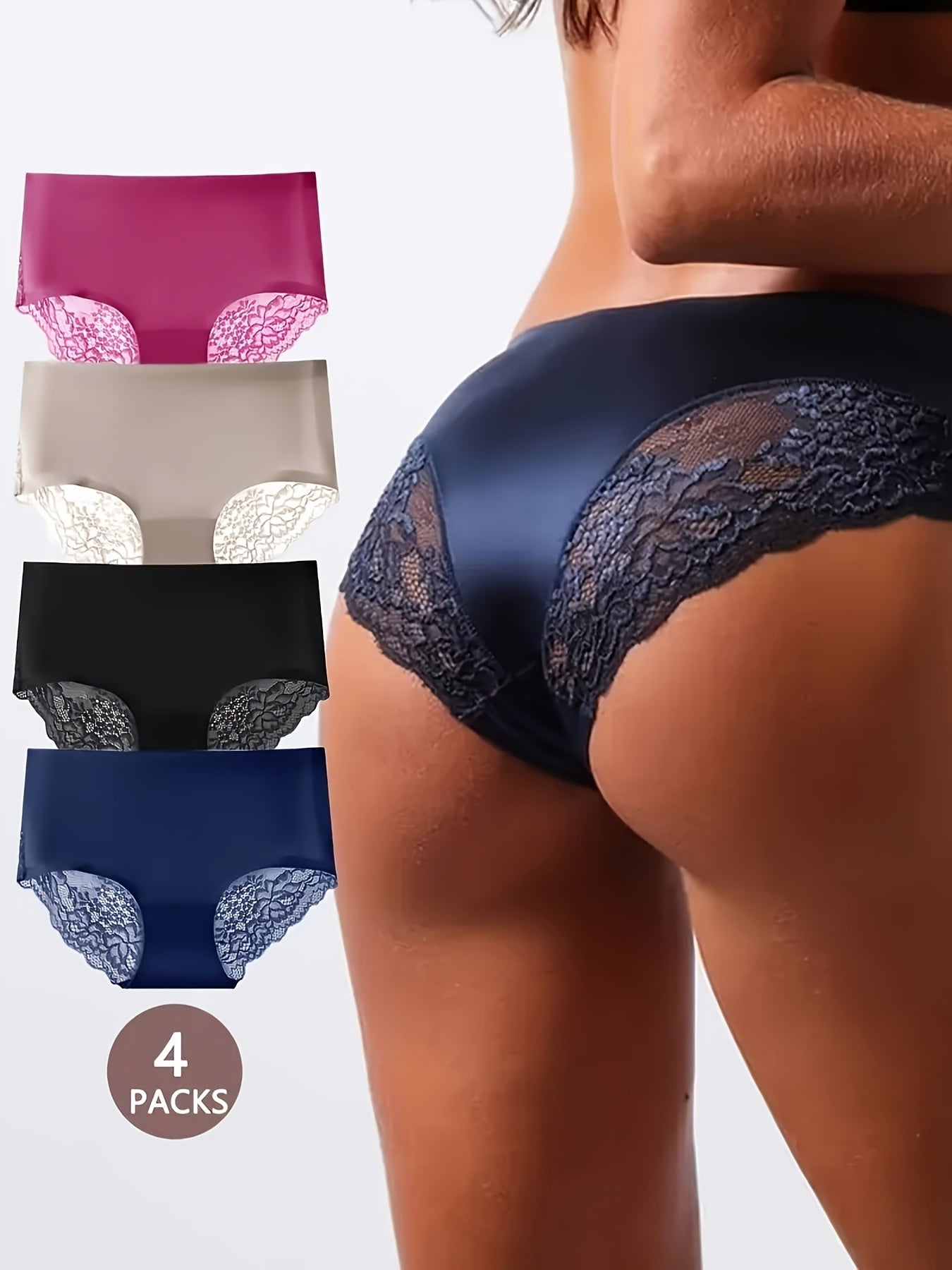 Women's Seamless Breathable Mid-Rise Lace Trim Briefs Set of 4 Solid Colors