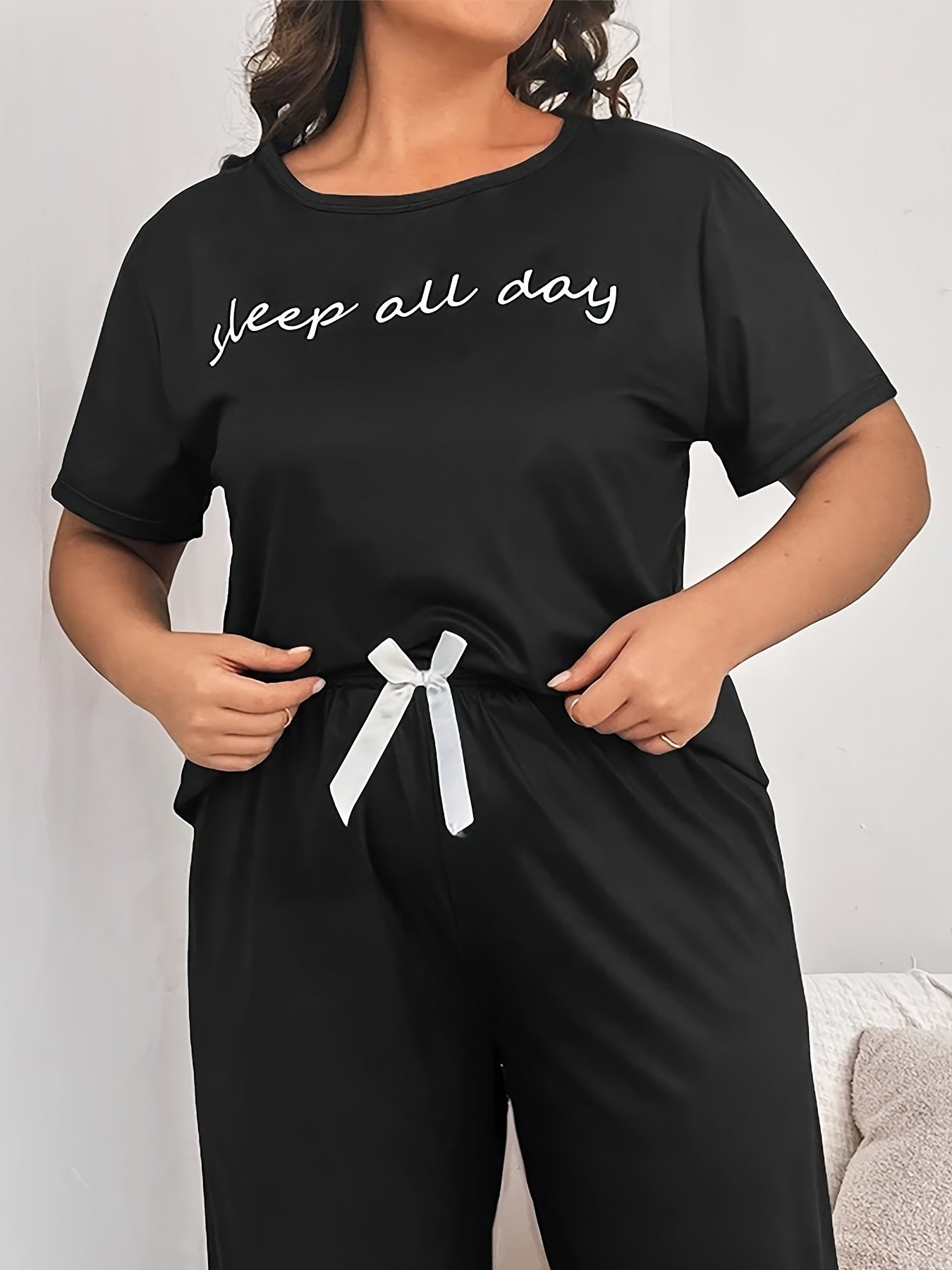 Women Plus Size Pajama Set Cotton Short Sleeve T-Shirt and Pants Home Wear