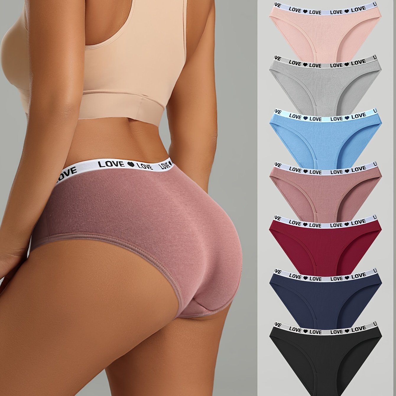 7-Piece Women's Cotton Briefs Set with Letter and Heart Tape Design Breathable Stretchy Lingerie