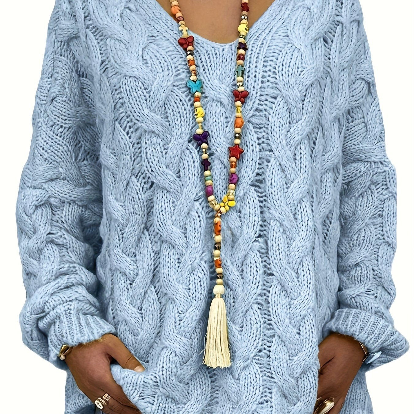 Женский вязаный свитер с капюшоном больших размеров, с длинными рукавами, V-образным вырезом, пуловер