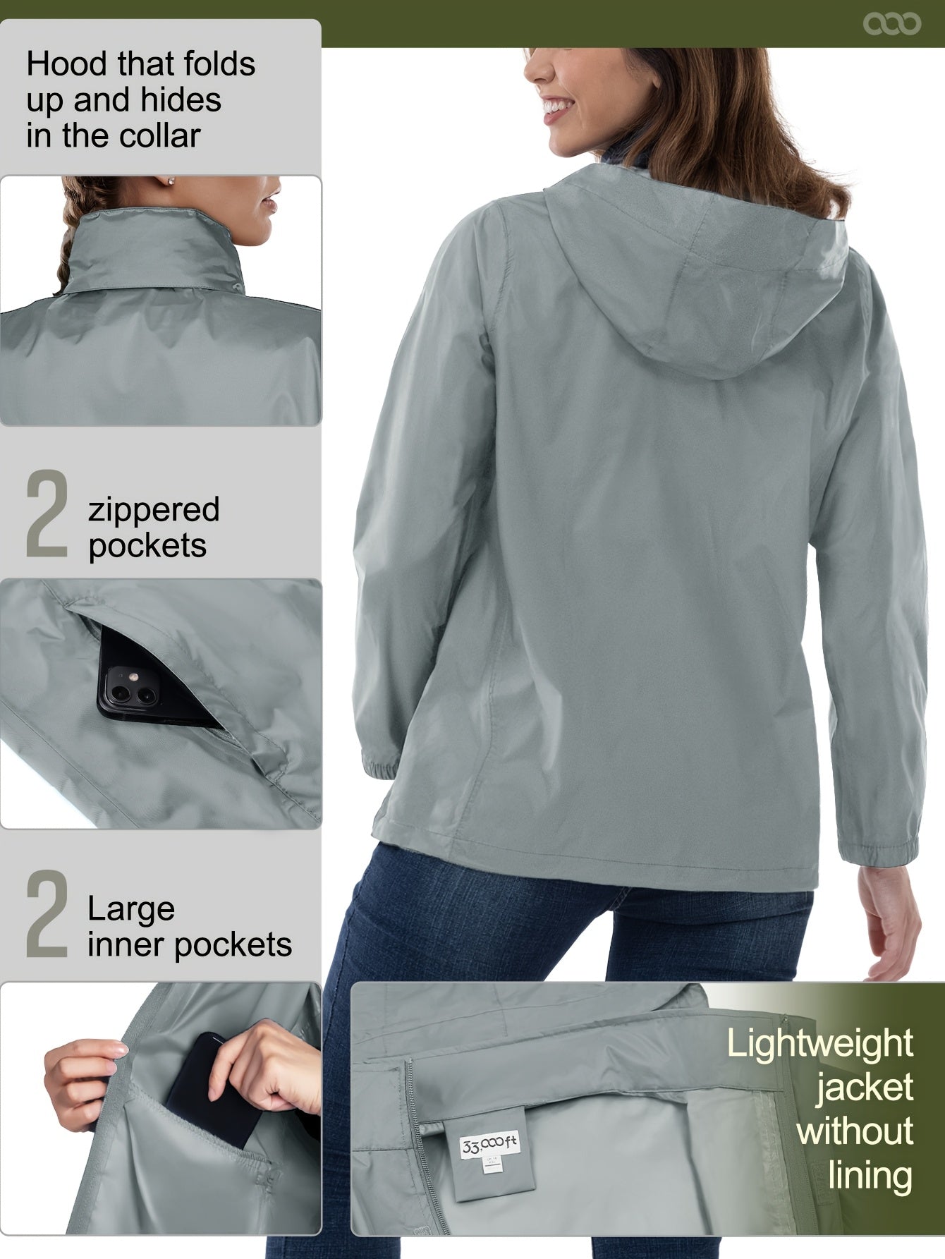 Women's Packable Windbreaker Jacket Lightweight Shell Coat with Hood for Outdoor Activities