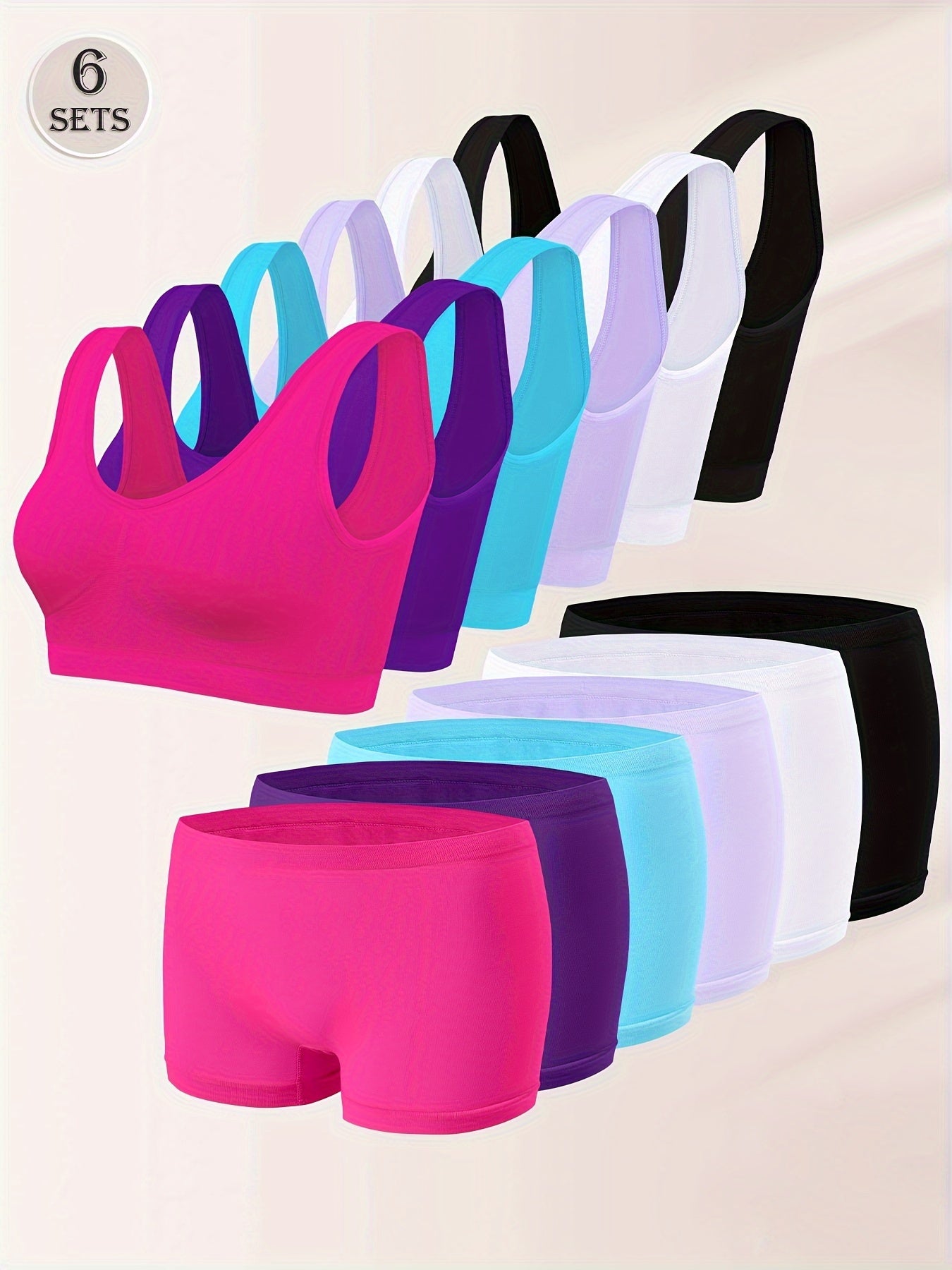 Комплект из 6 спортивных лифчиков для женщин больших размеров с высокой поддержкой и полной защитой в ярких цветах. Изготовлены из дышащей смеси нейлона и эластана, идеально подходят для активного образа жизни.