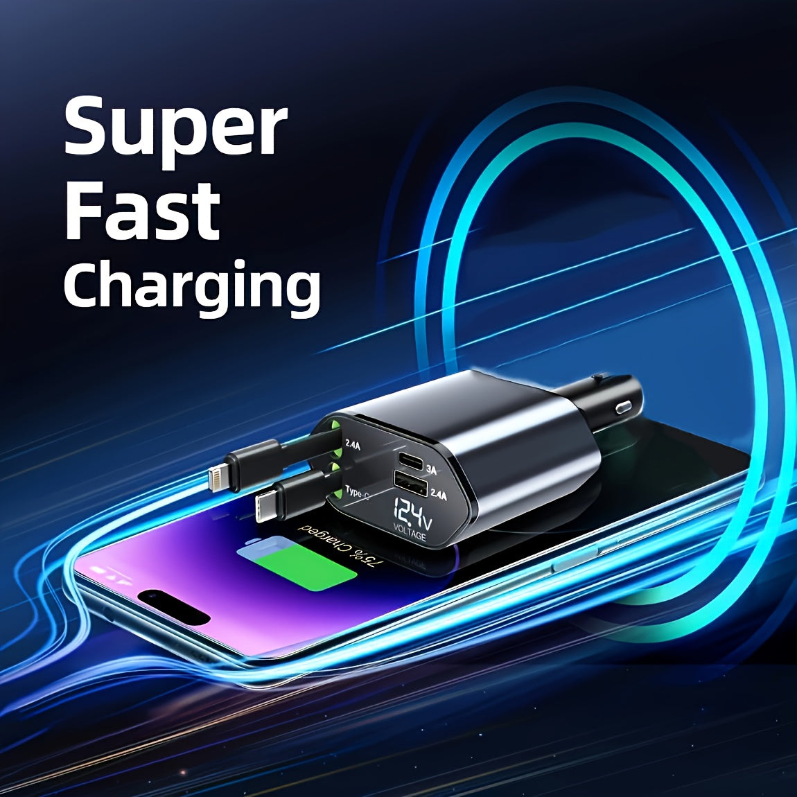 4-in-1 Retractable Car Charger with 66W PD QC3.0 and 2.6ft Cable