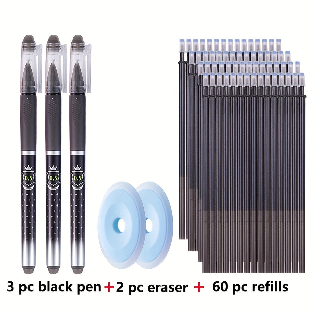 65-Piece Erasable Gel Pen Set with 0.5mm Black Blue Red Refills Office Stationery
