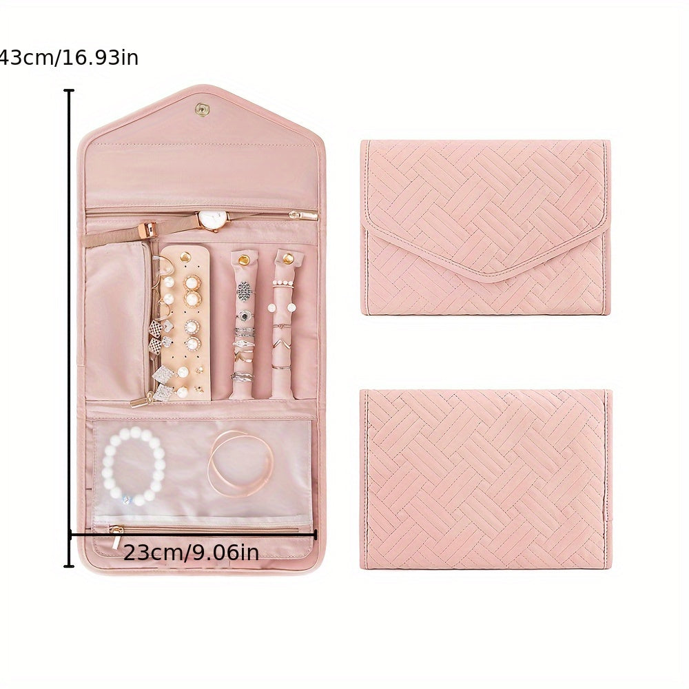 Polyester Jewelry Organizer Bag with Necklace Clips Earring Grid Ring Rolls and Zipper Pouches