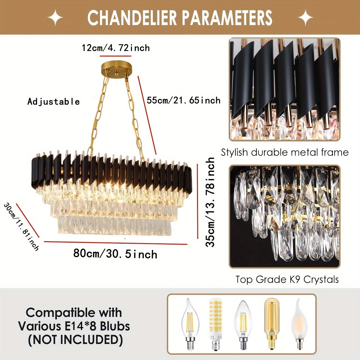 8-Chiroyli qora va oltin chandalier oshxona oroli uchun, ovqat xonasi, 32 dyuymli oval yarim yopiq o'rnatish