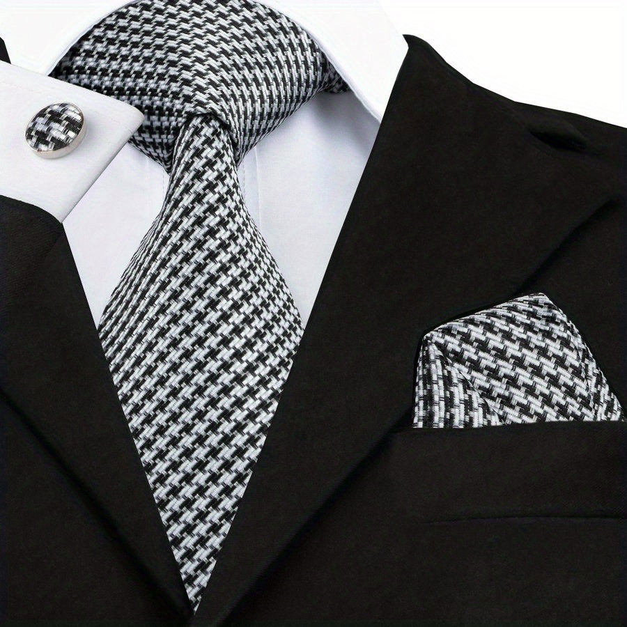 Men's Classic Necktie Set 160cm with Matching Hanky and Cufflinks for Business and Formal Events