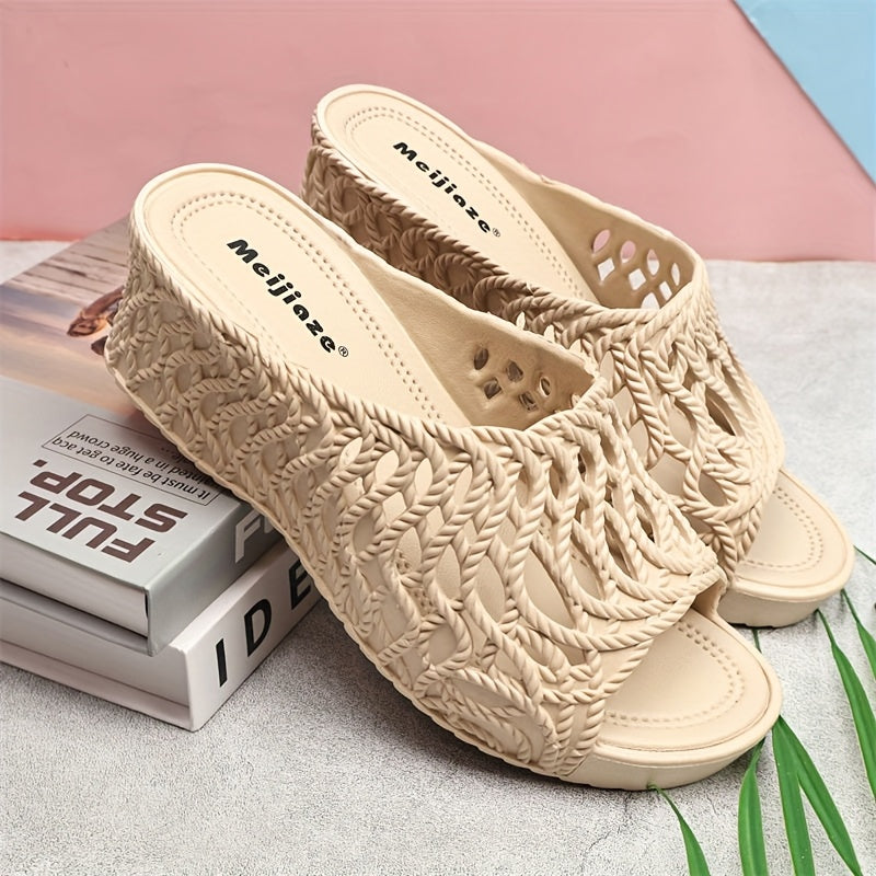 Ayollar uchun yuqori-poshnali tikanli sandallar ochiq-oyoq slip-on taqish uchun qattiq yopilmagan yozgi qora PVC