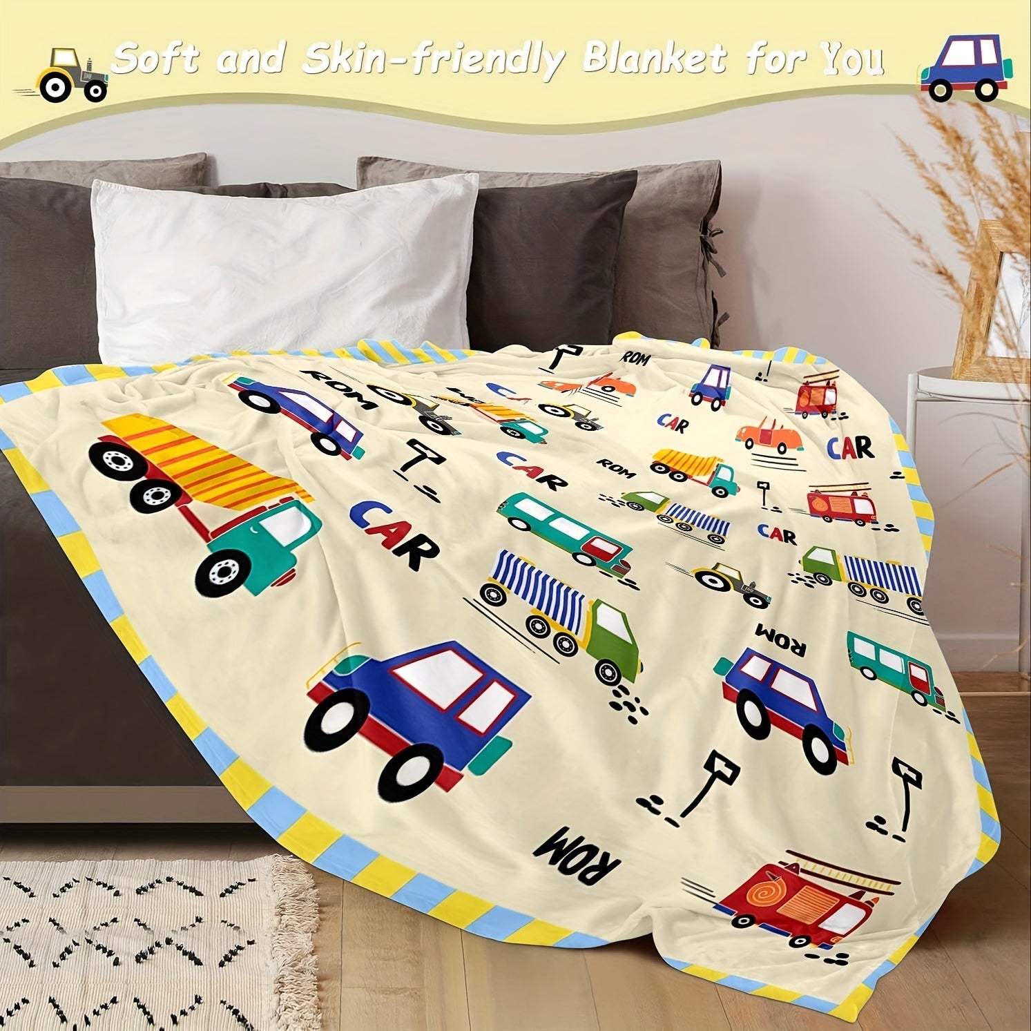 Kids Cartoon Car and Truck Print Flannel Wearable Blanket Soft Warm Tear-Resistant