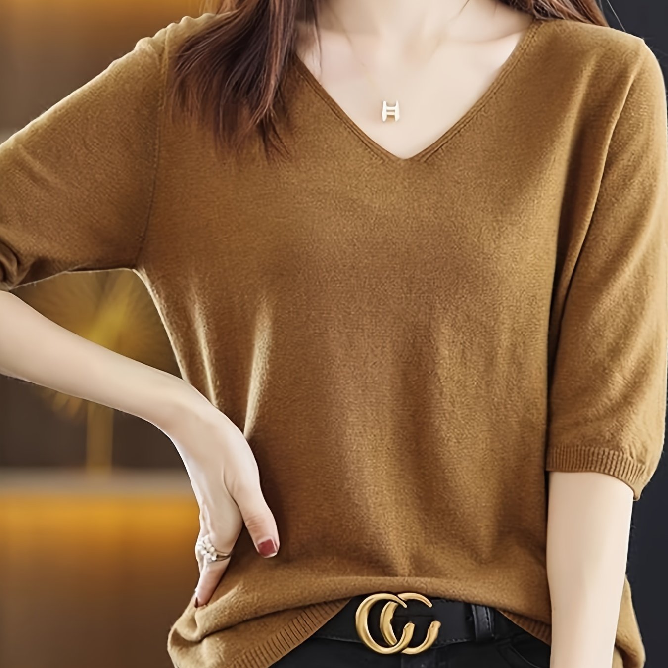Women's V-Neck Sweater Solid Color Half Sleeve Knit Top for Spring Fall