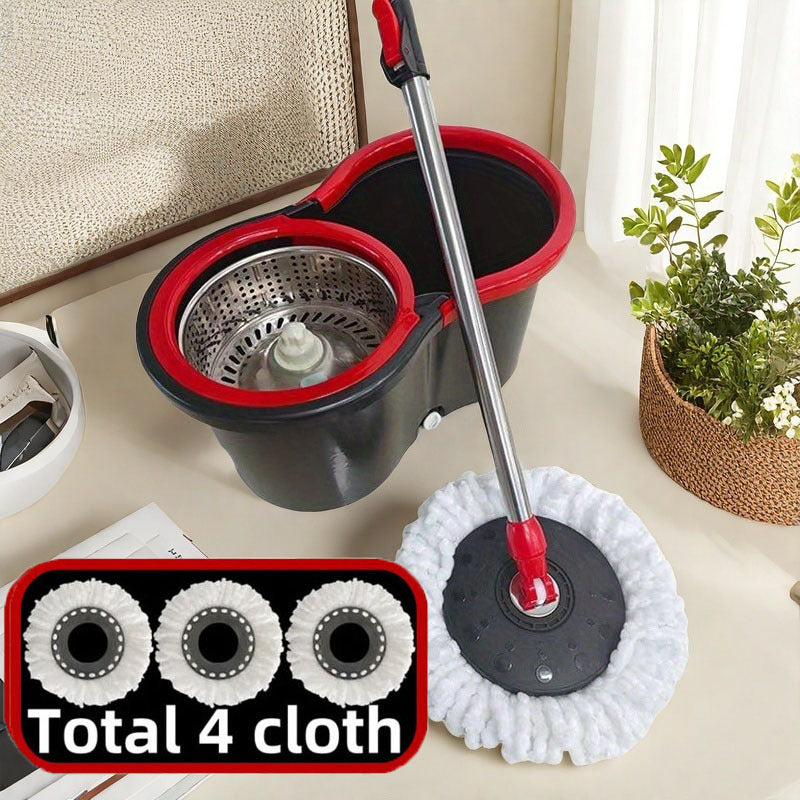 "Dual-Power Spin Mop va Vedro To'plami har qanday xonada samarali nam va quruq tozalash uchun mo'ljallangan. Mustahkam plastikdan va zanglamaydigan po'latdan yasalgan tutqich bilan, ushbu to'plam oson harakatlanish uchun 360° aylanuvchi boshga ega. "