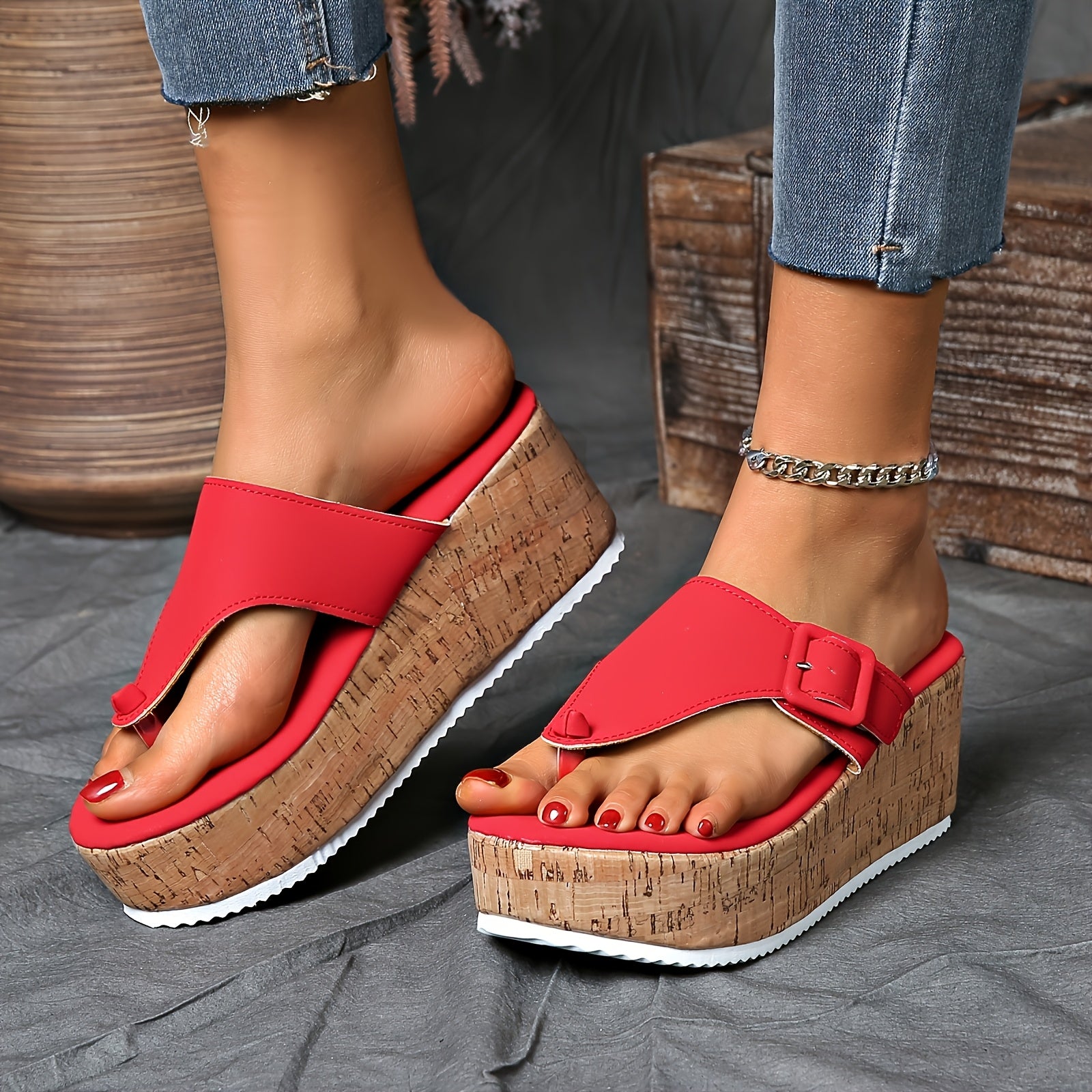 Women's Casual Wedge Heel Sandals with Flip Flop Strap and Solid Color
