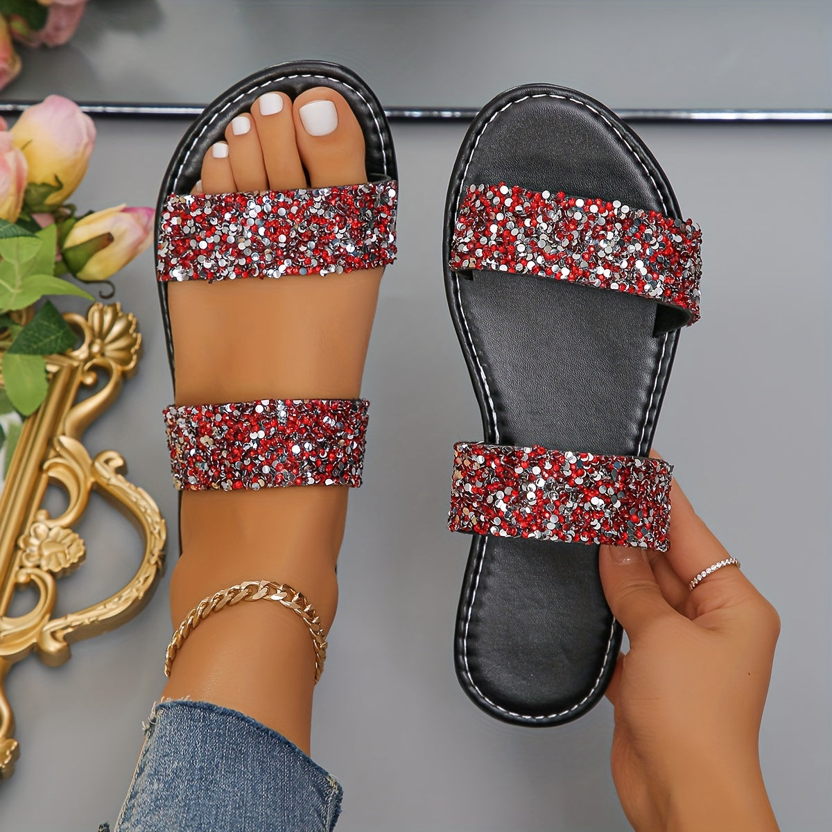 Women's Glitter Slides Lightweight Slip-On Sandals with Rhinestone Double Bands