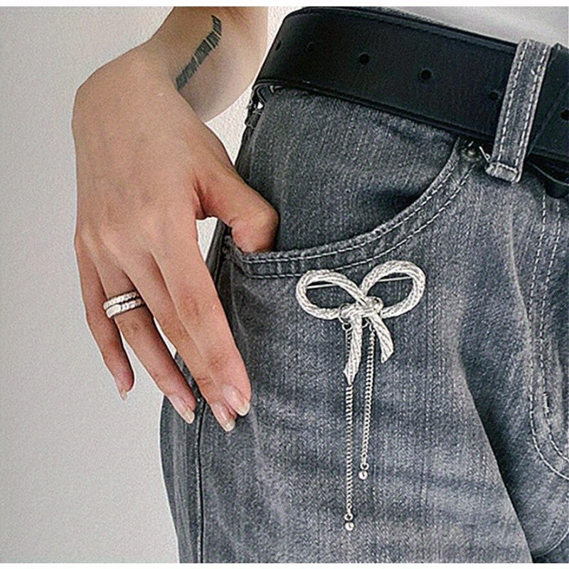 Unisex Enamel Bow Ribbon Tassel Chain Brooch Pin Elegant Jewelry