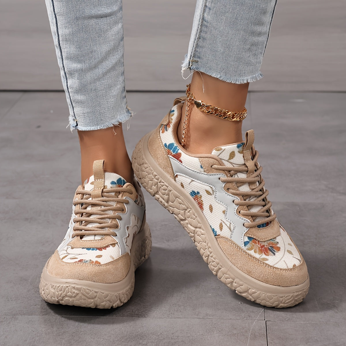 Women's Casual Floral Lace-Up Sneakers Lightweight Breathable Mesh Outdoor Shoes