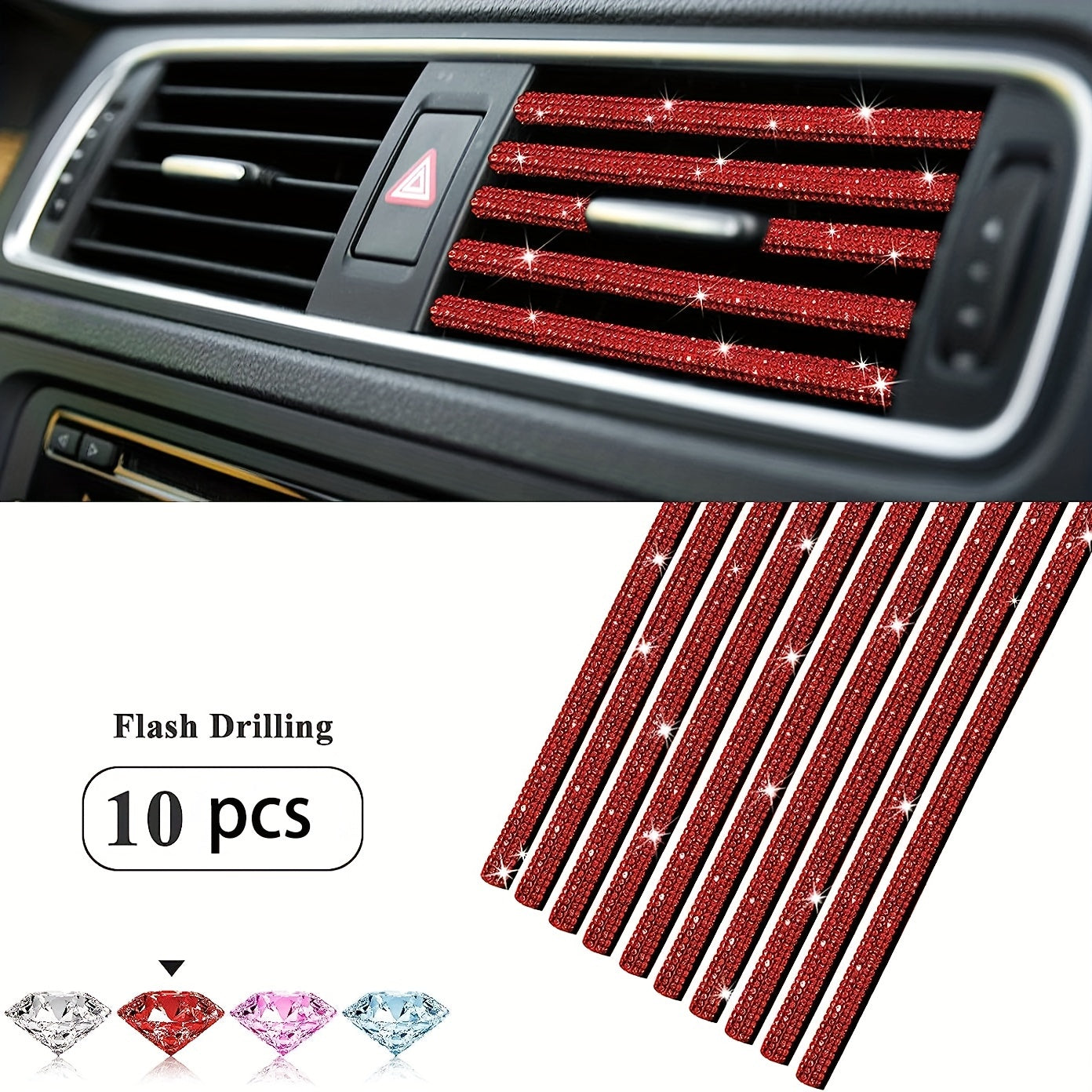 10pcs Pink Rhinestone Car Vent Trim Strips Durable Plastic Air Conditioner Outlet Decorations