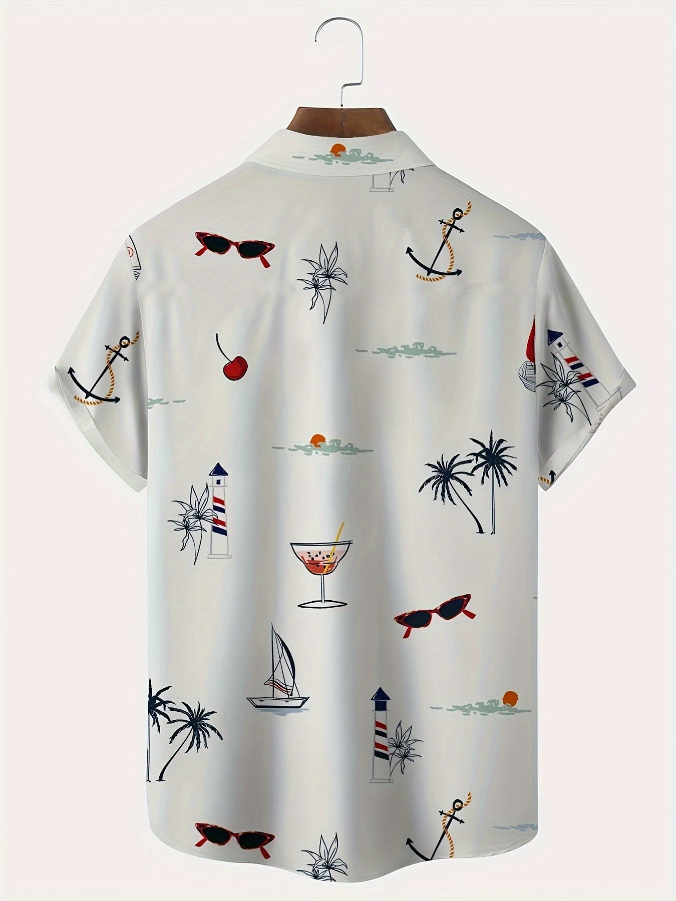 Men's Plus Size Hawaiian Shirt with Coconut Tree Sailboat and Lighthouse Print Short Sleeve Button-Up