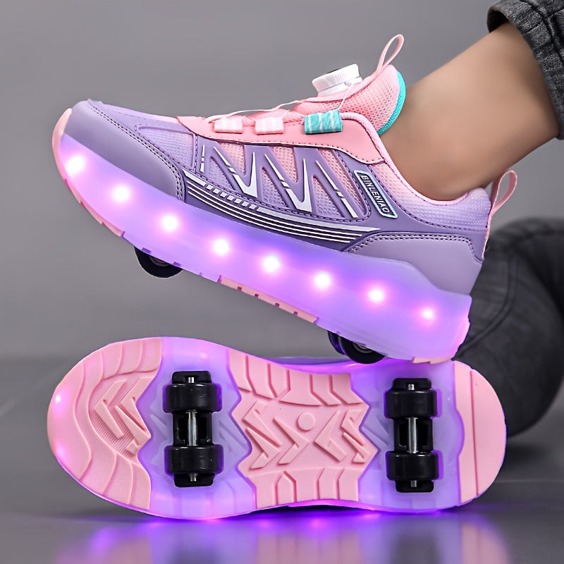 Girls' Outdoor Roller Skates with Lights USB Charging Double Row Four Wheels Sizes 28-40