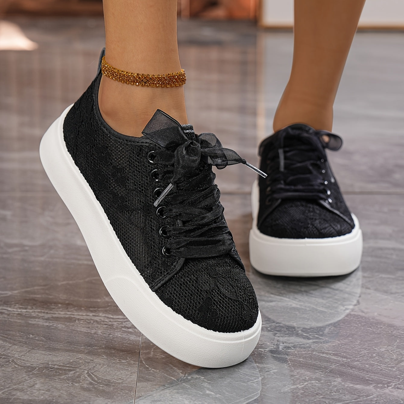 Women's Breathable White Sneakers, Lace-Up Casual Shoes for All-Season Comfort