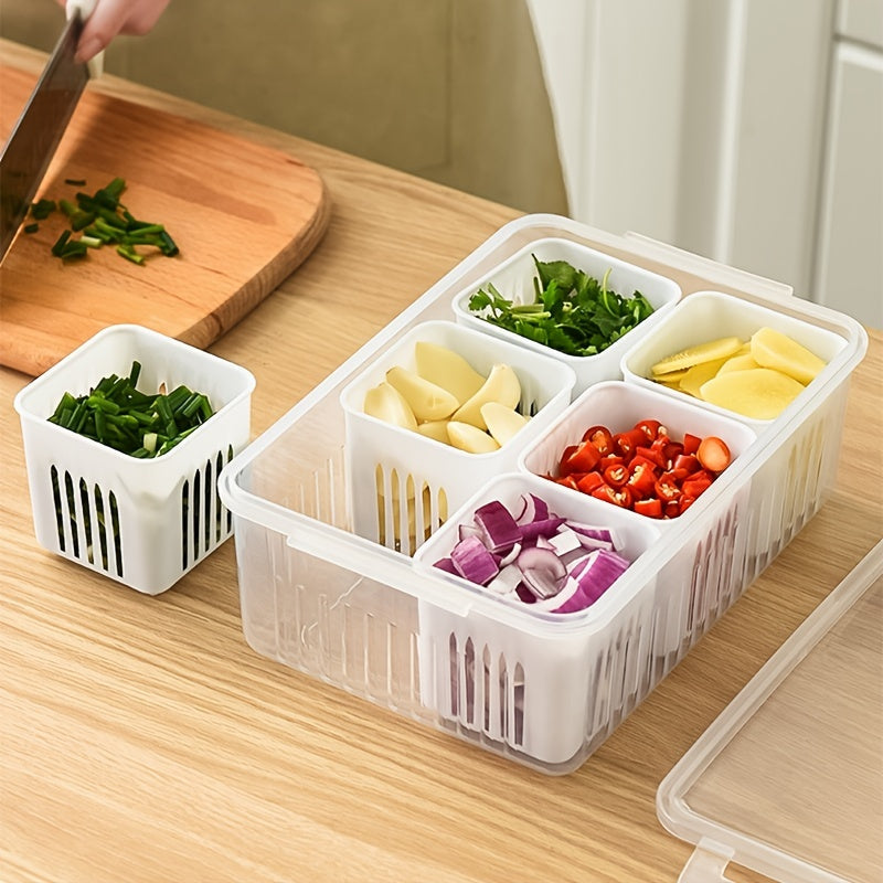Kitchen Scallion Storage Box with 6 Compartments, Drain, Keeps Fruits Fresh