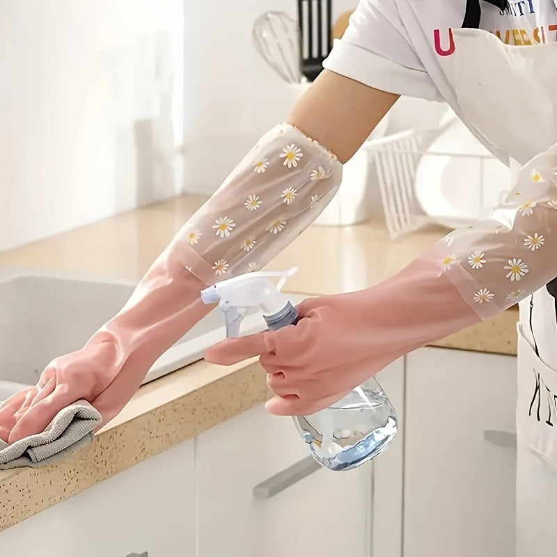 "Daisy Pattern Waterproof PVC Cleaning Gloves - Non-Slip, Alcohol-Free, Versatile for Kitchen, Bathroom, Laundry & Household Tasks, Features Floral Design in Pink - Ideal for Bathroom Cleaning"
