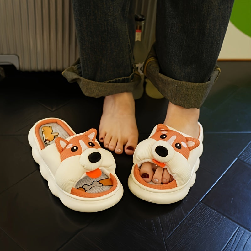Women’s Linen Open Toe Slippers with Cute Dog Design Indoor Comfort