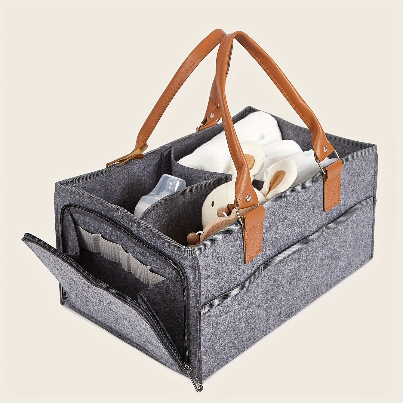 Light Grey Diaper Bag for Moms with Zipper Closure and Foldable Design