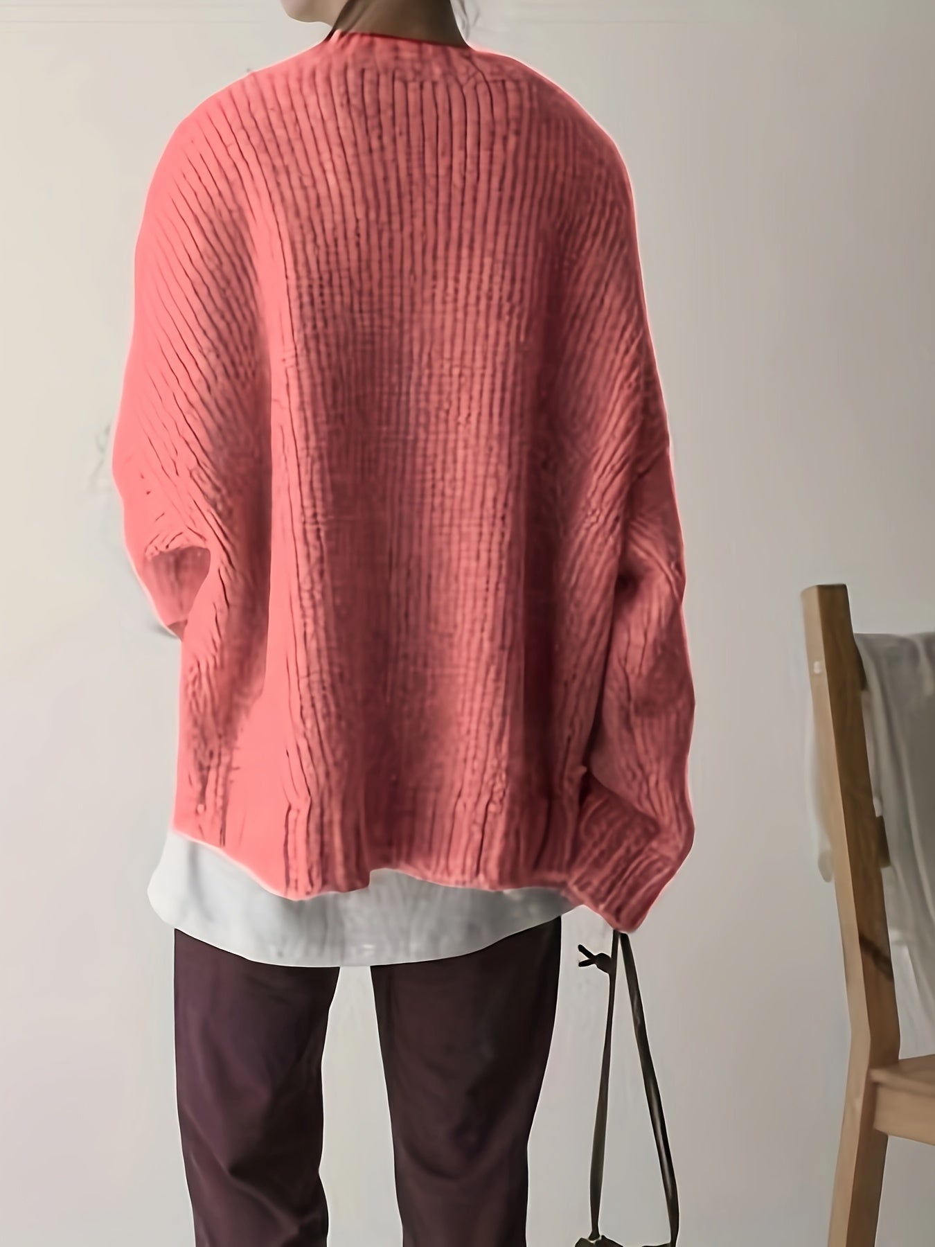 Suéter de punto verde de talla grande para mujer con bolsillos, cuello redondo, manga larga y cómodo