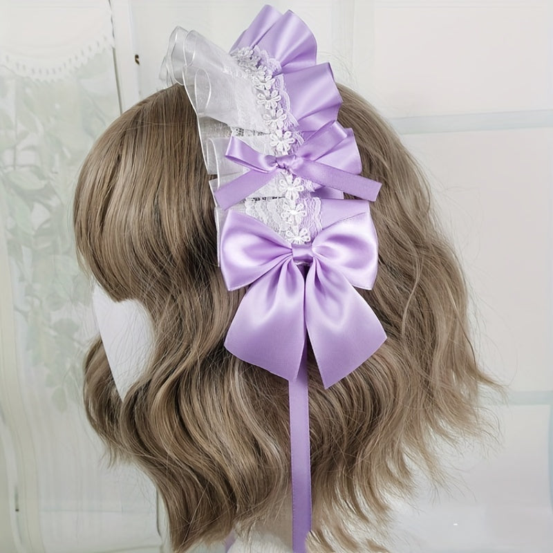 Ruffled Lace Ribbon Bow Headband with Hairpins for Girls in Contrasting Colors
